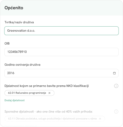 Unesite podatke o svojem poslovanju